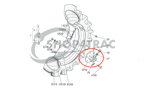 Llanta con eje pasante - Buje de rueda Kubota B5000 - B7100 | B1200 - B2150 | Tienda4Trac