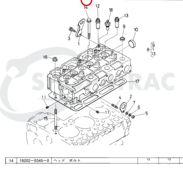Perno de culata Kubota D1100 | D1302 | D1402 | Z750 | V1902