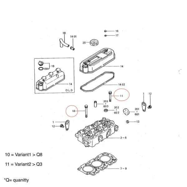 Cylinder head bolt | head bolt Mitsubishi L3A | L3C | L3E | L3E2 | MVL3E engine | Peljob