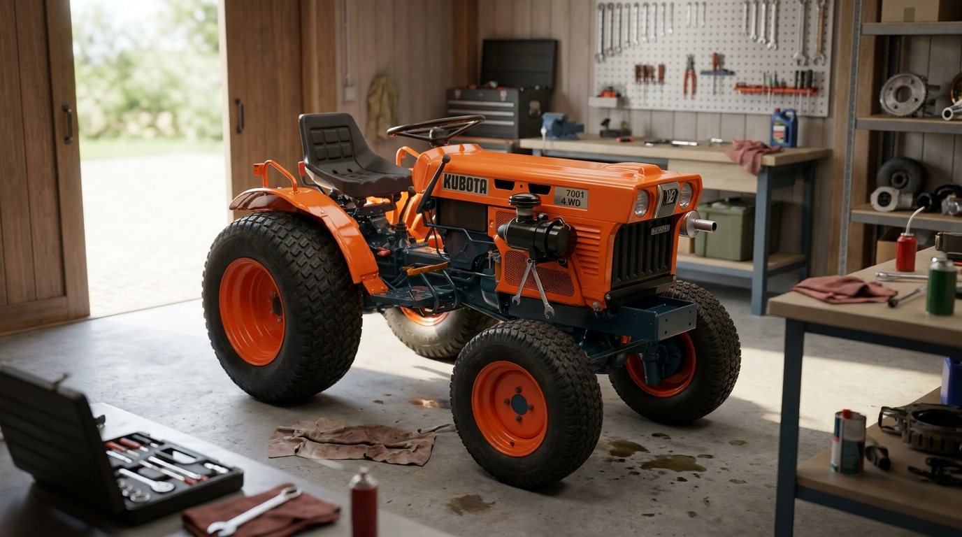 Kubota B7001 in de werkplaats voor onderhoud