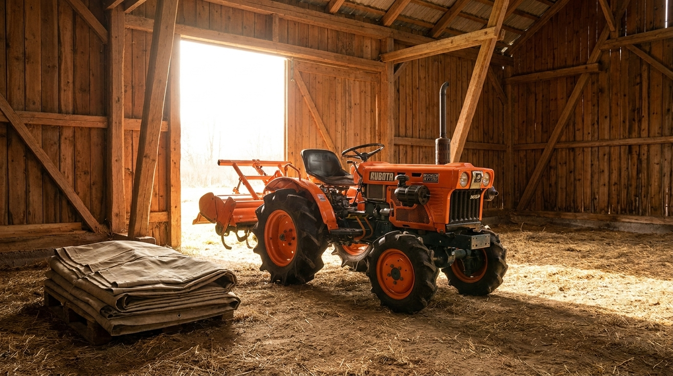 Kubota B7001 gestald in een schuur