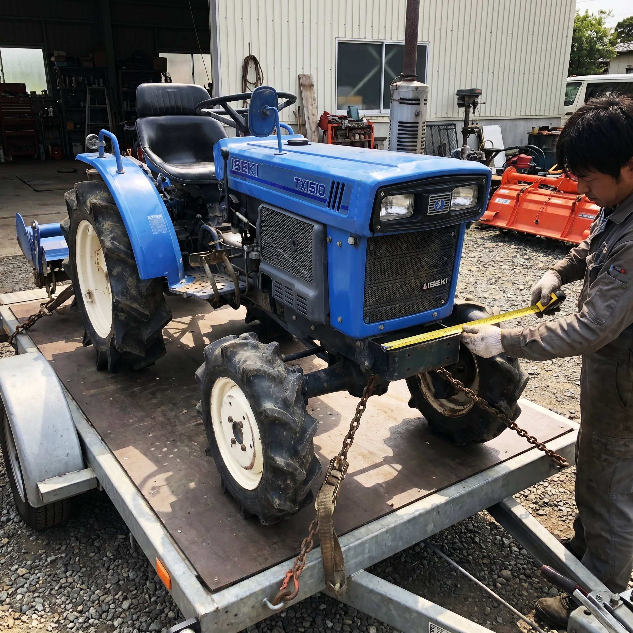 Iseki TX1510 opmeten op de aanhanger met werktuig