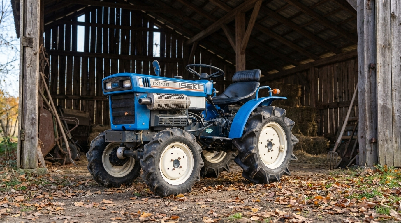 Iseki TX1410 / TX1510 gestald onder een houten afdak in de herfst