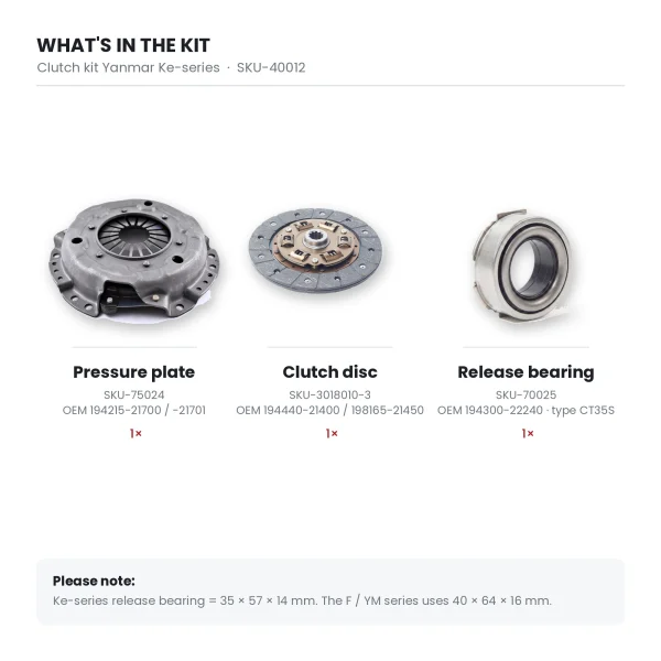 Clutch kit Yanmar Ke-series contents: pressure plate 194215-21700, clutch disc 194440-21400 / 198165-21450 and release bearing 194300-22240 CT35S