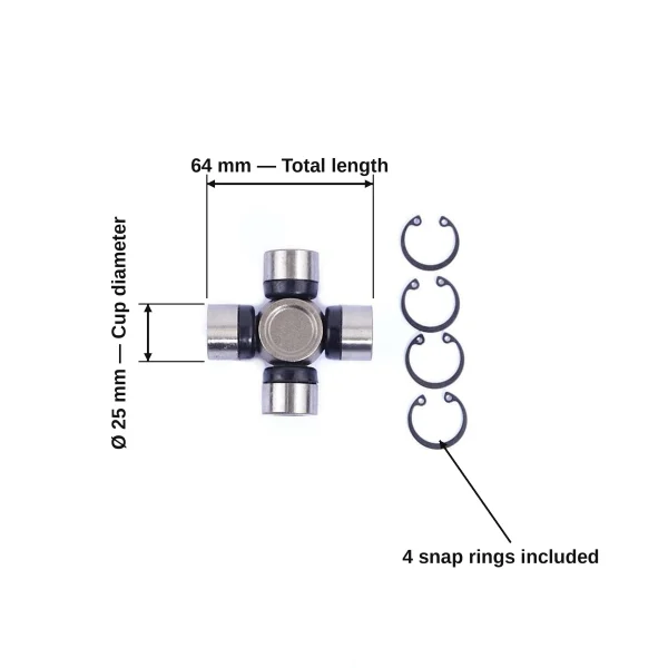 Kruisstuk 25x64 mm met afmetingen - Ø 25 mm cup, 64 mm totale lengte