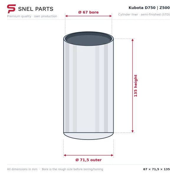 Cylinder liner Kubota D750 | Z500 – B5200 | B7100 | B7001 | B1200 | B5100 | Bobcat 443 | 453 (semi-finish)