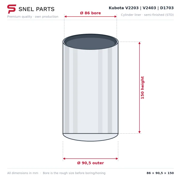Cylinder liner Kubota V2203 | V2403 | D1703 | D1803 – L3400 | L4200 | KX121 | KX161 | U45 | Bobcat 753 | Caterpillar 303.5 (semi-finish)