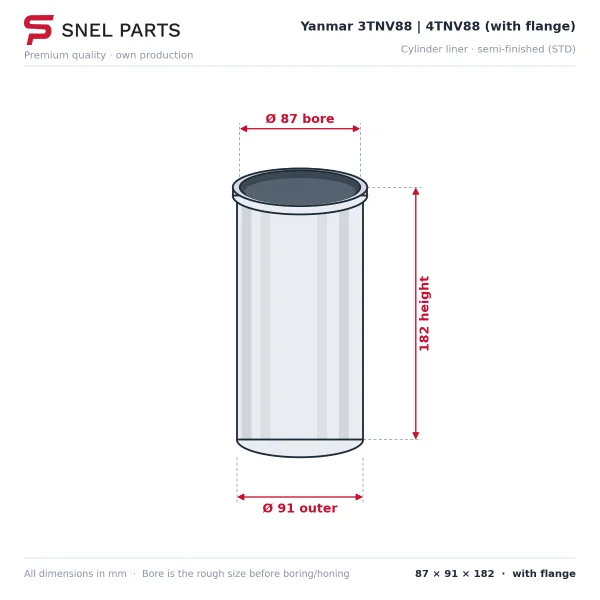 Canna cilindro Yanmar 3TNV88 | 4TNV88 | 3TNE88 | 4TNE88 – Komatsu 3D88 | 4D88 | Case CX36B | Takeuchi TB235 | Hitachi ZX35U | Yanmar ViO45 (con o senza flangia)