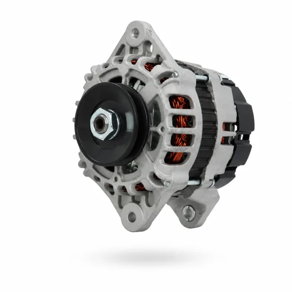 Dynamo Bobcat 7276403 en 6678560, 12V 65A, E26 E27 S70 463 553, vooraanzicht met poelie