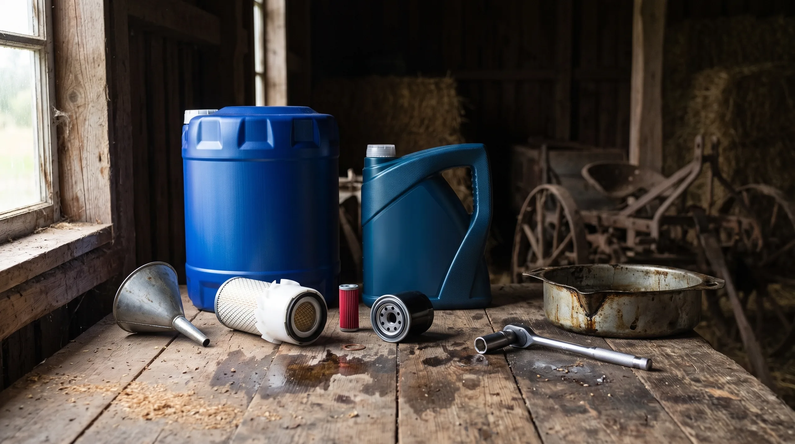 Filter set, engine oil and transmission oil laid out on the workbench for the first service of a Japanese import compact tractor