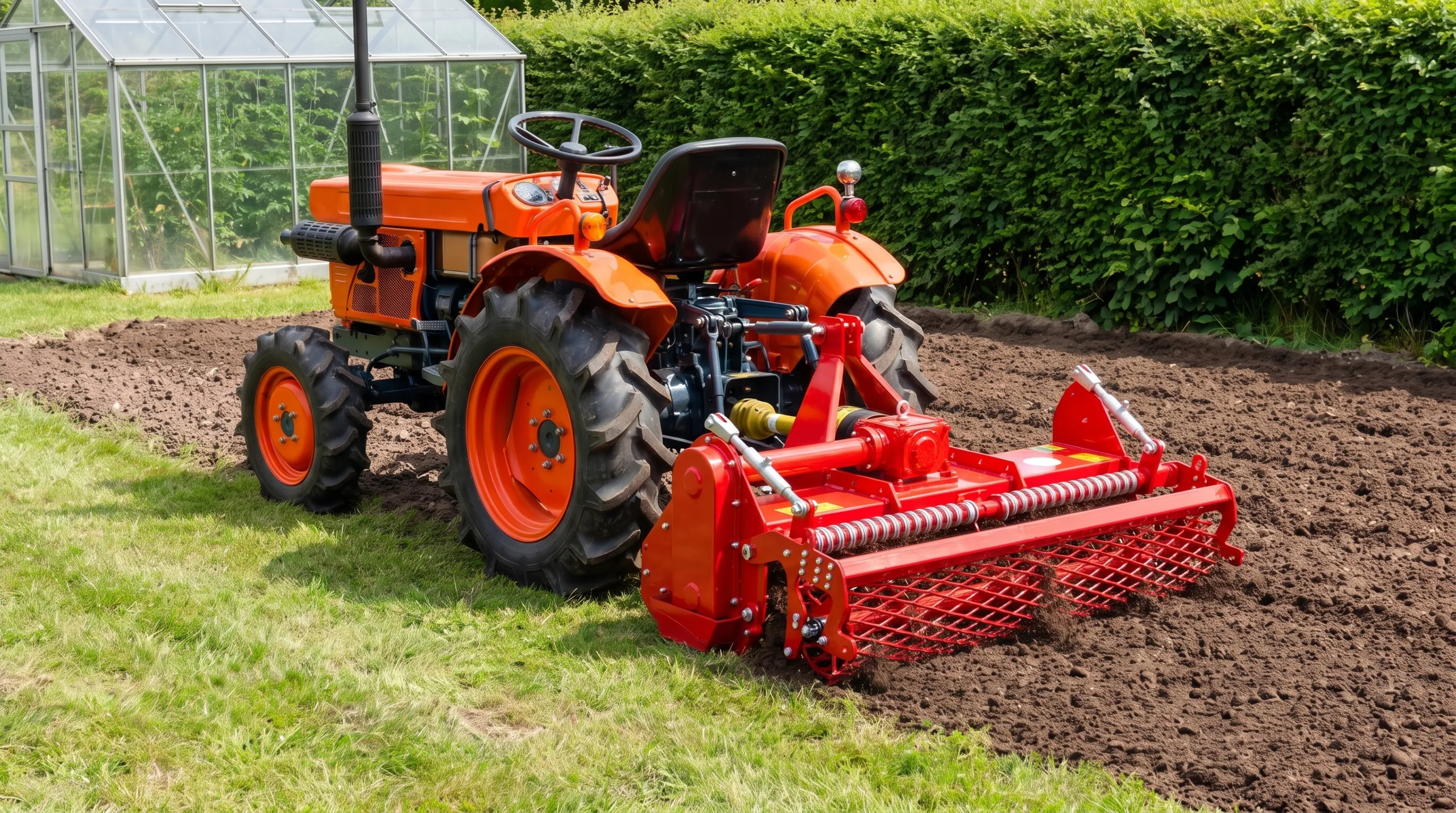 Grondfrees aan de driepuntshef van een kleine Japanse minitractor in de moestuin
