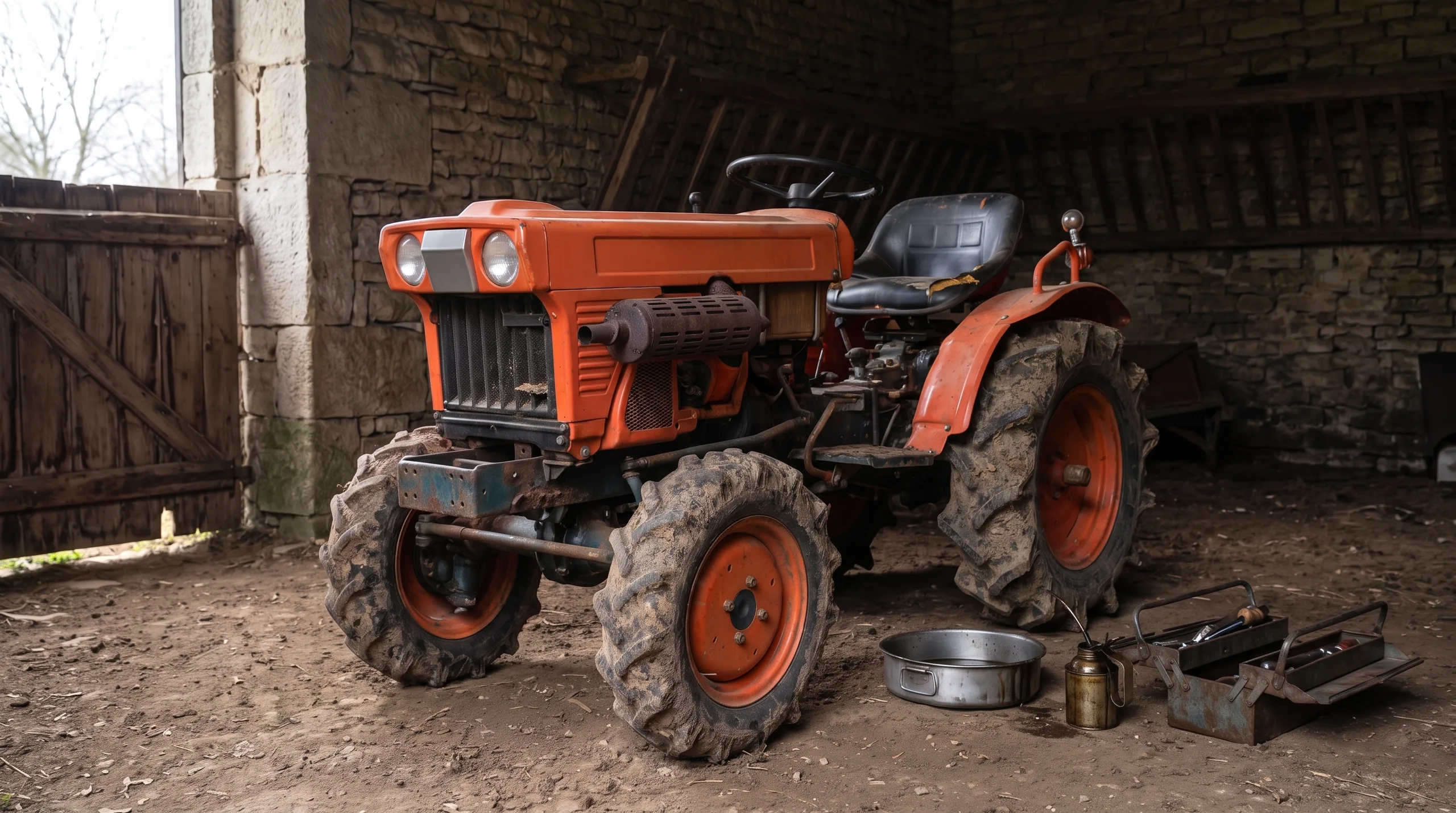 Japanese import compact tractor just arrived in an old barn, ready for its first service