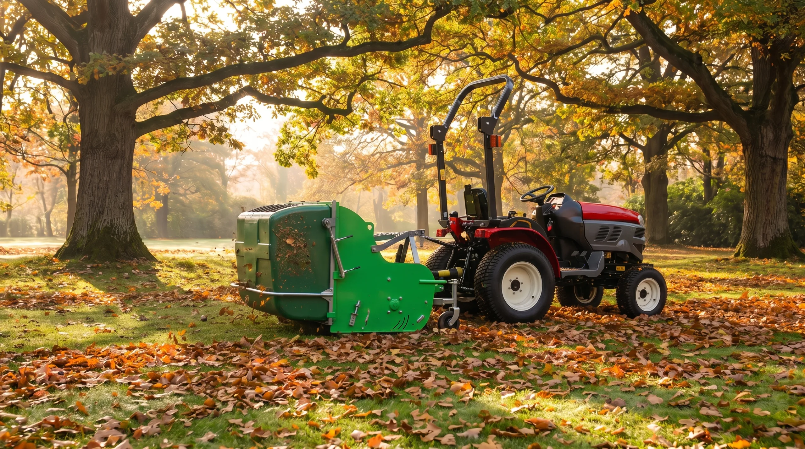 Flail mower with collector behind a compact tractor for lawns and leaves