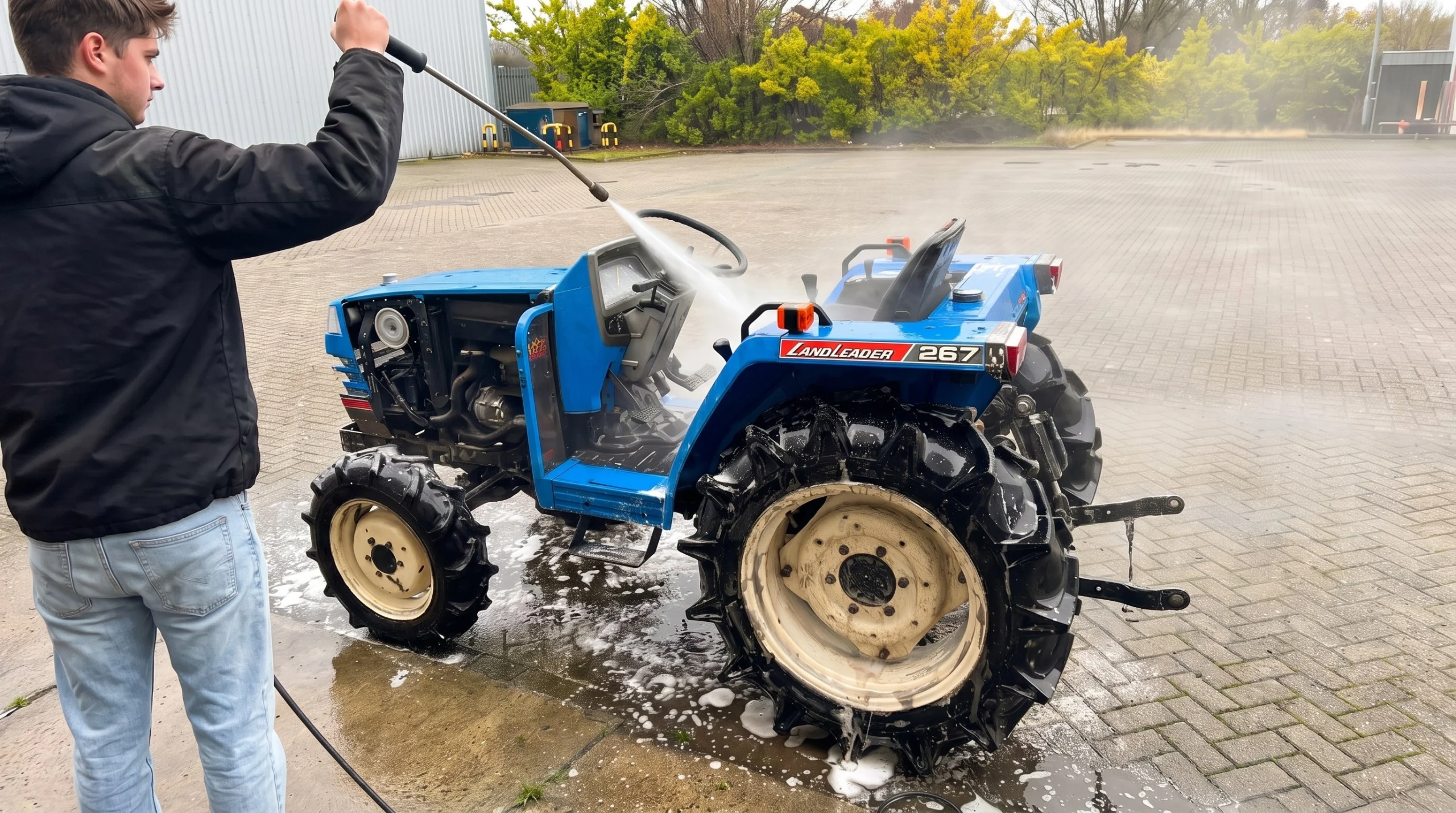 Cleaning an Iseki compact tractor with a pressure washer before winter storage