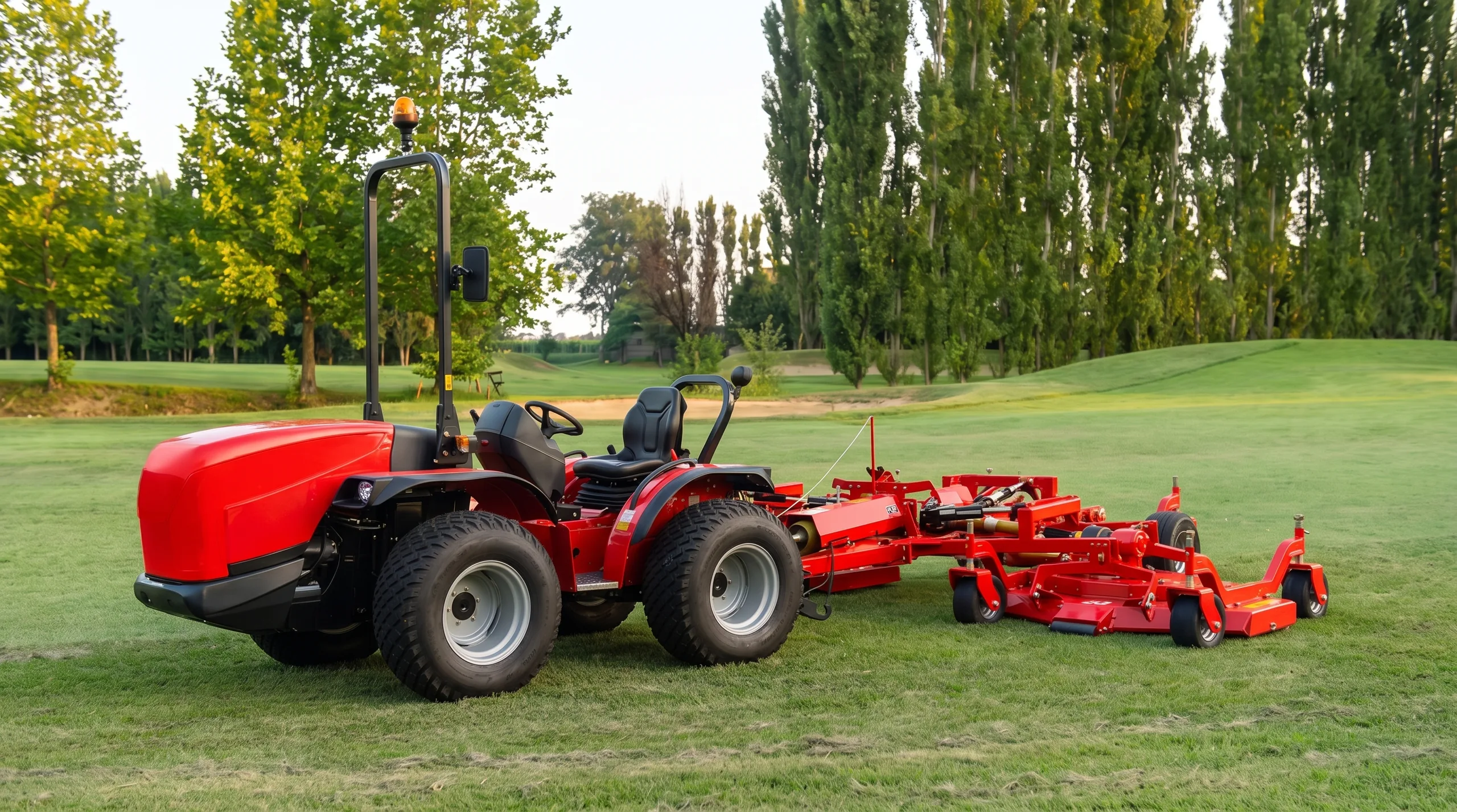 Isodiametrischer Wendetraktor mit breitem Kreiselmäher bei der Arbeit auf einer Rasenfläche