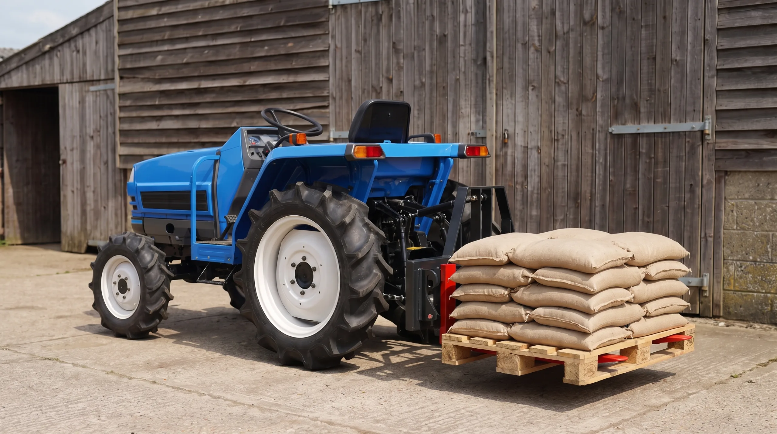 Palletvork aan de driepuntshef van een minitractor voor het verplaatsen van pallets en balen
