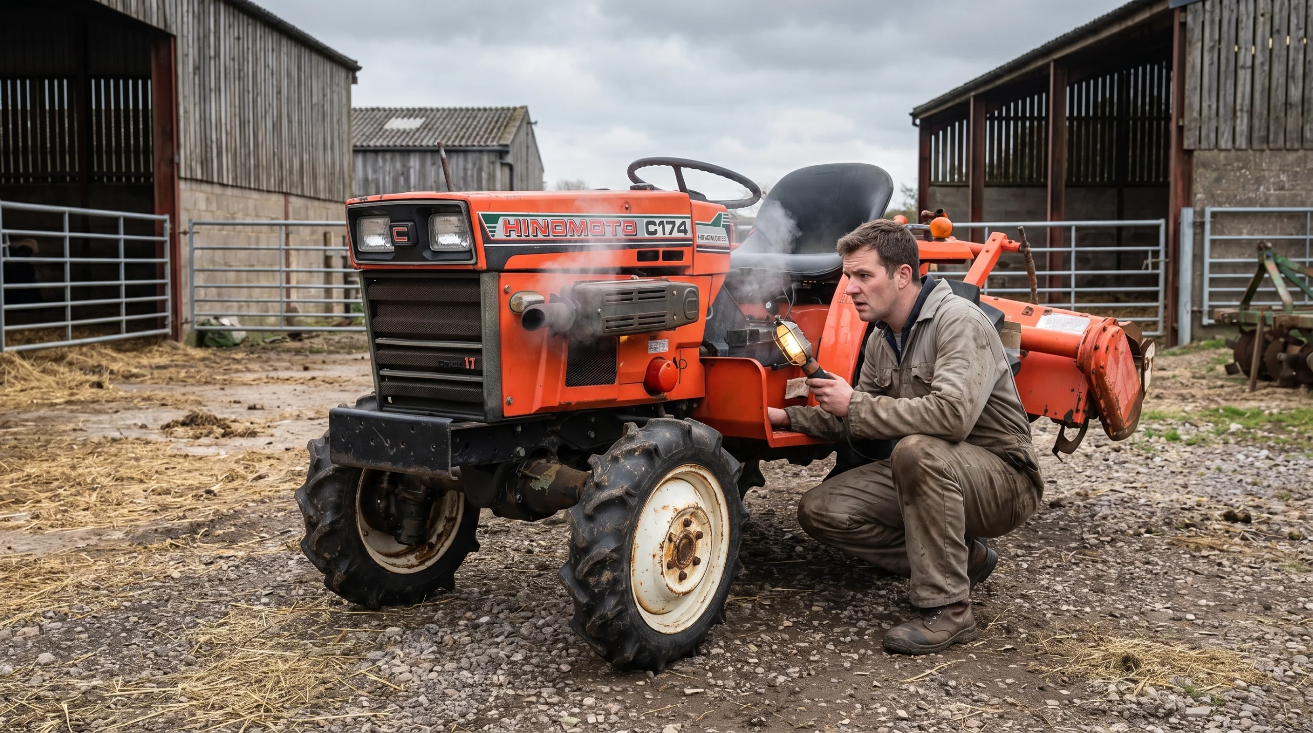 Hinomoto C174 met oververhitte motor en monteur