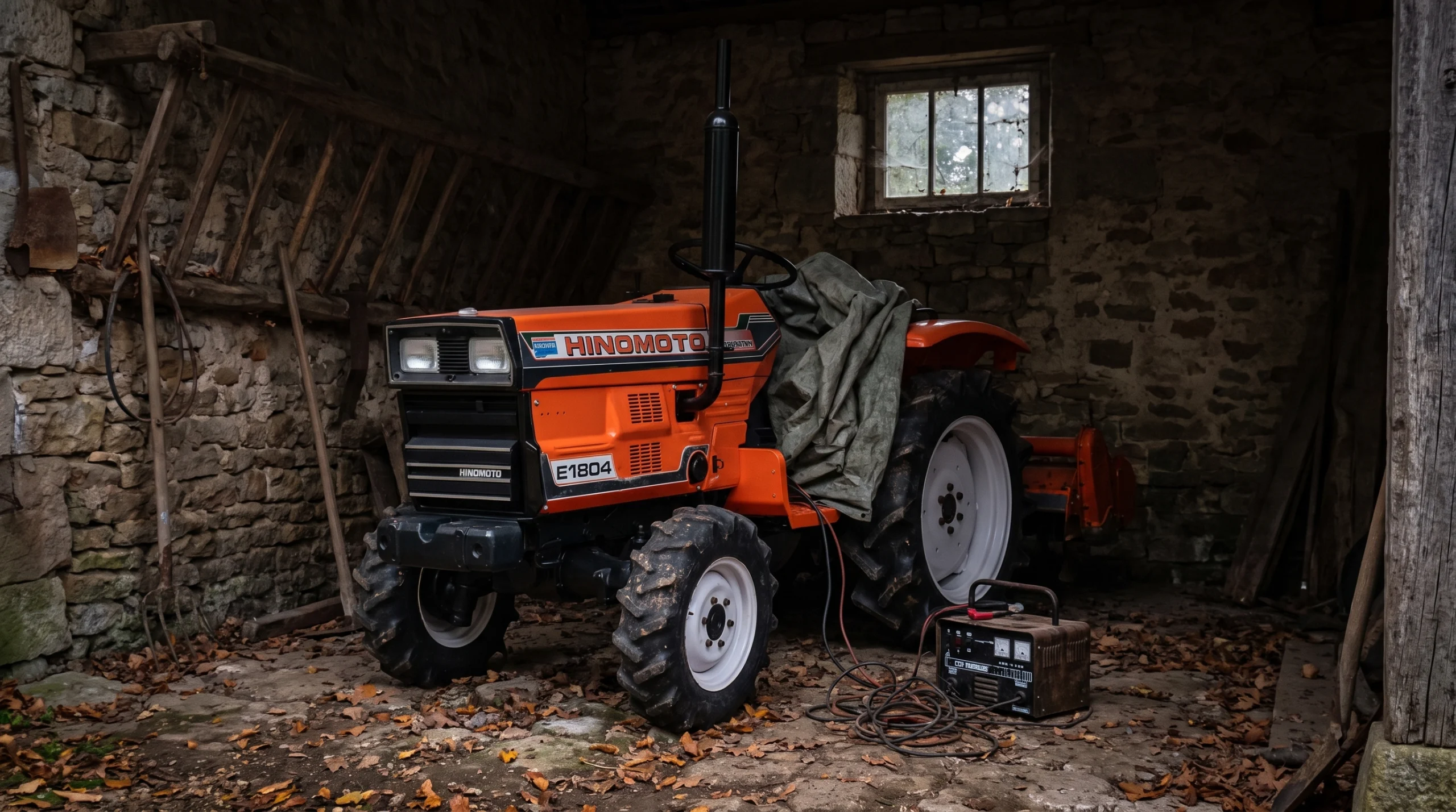 Hinomoto E1804 minitractor in de winterstalling met acculader aangesloten