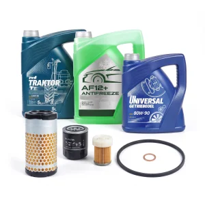 Onderhoudsset compleet Kubota B3350: filterset, V-snaar, motorolie, koelvloeistof, voorasolie en dichtring carterplug